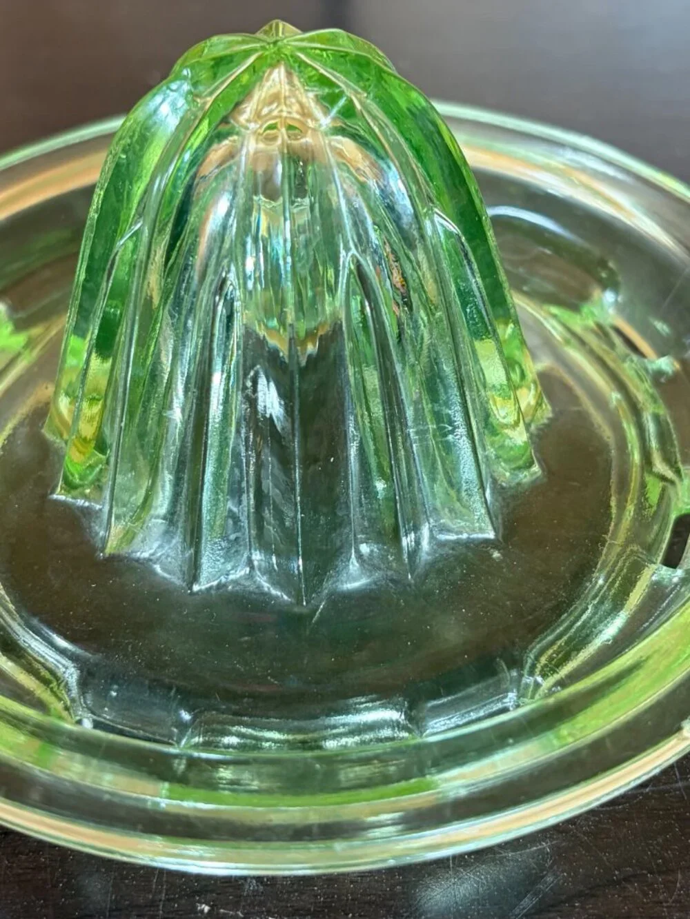 Vintage Green Depression Uranium Glass Citrus Reamer and Measuring Cup Set